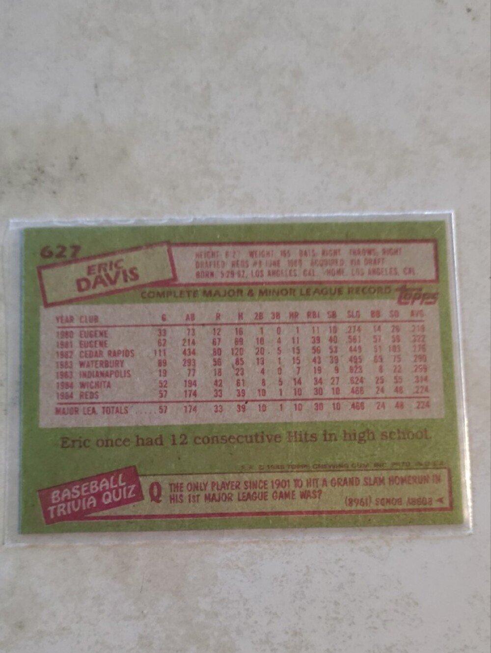 Eric Davis 1985 Topps #627 Rookie Cincinnati Reds RC Baseball Card - Picture 2 of 2